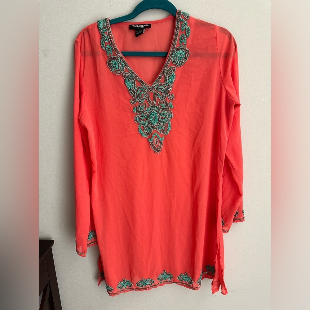 Salmon Pink sheer top with teal beaded design or beach coverup in size medium.